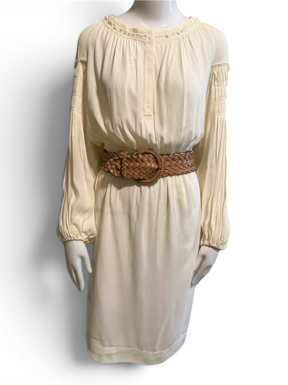 M.S.S.P. Ivory Cream Long Balloon Sleeve Boho Dress 1X Woven Belt Mid Length NWT